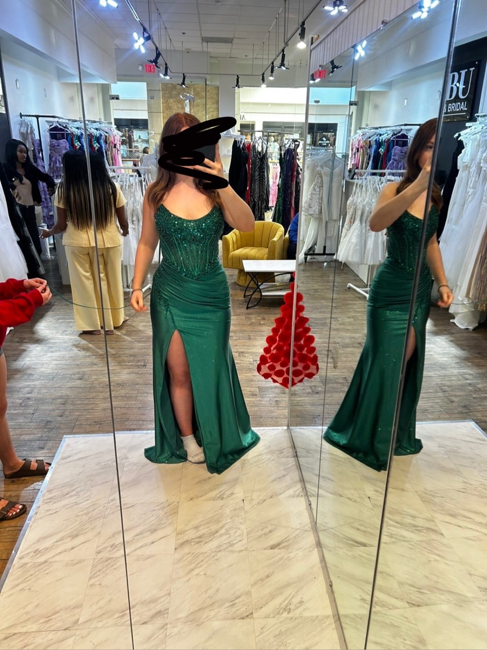 Emerald Green Beaded Prom Gown with Side Slit - Women Dresses
